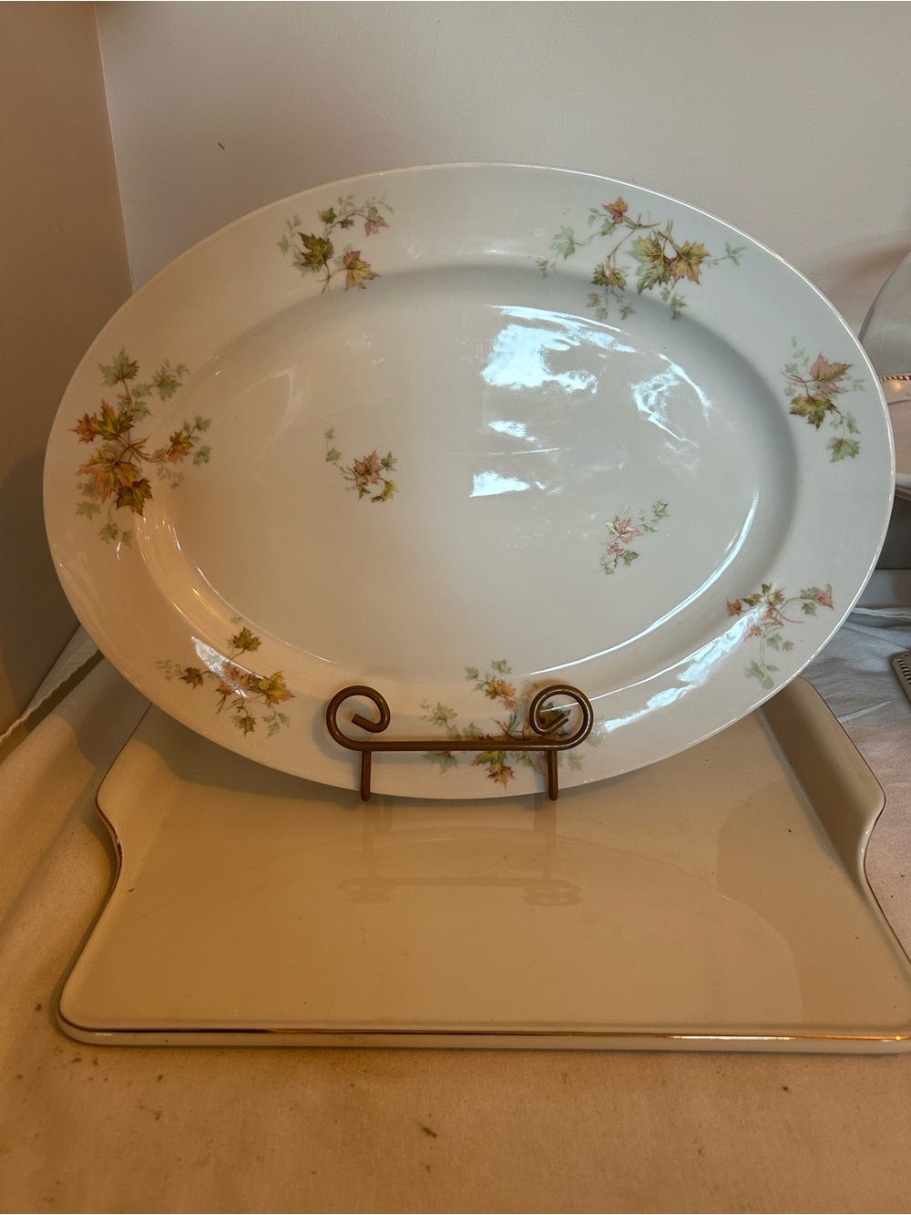 Haviland Serving Platter with Autumn Leaf Pattern - White and Gold
